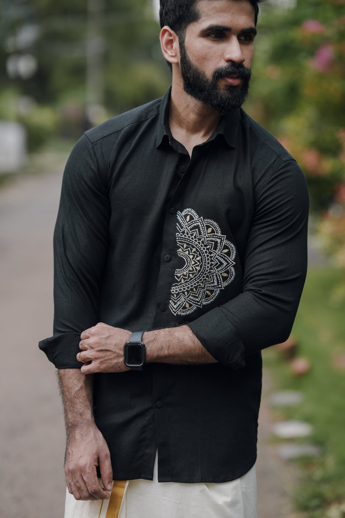 Kerala Traditional Pookalam Embroidery Double Black Shirt