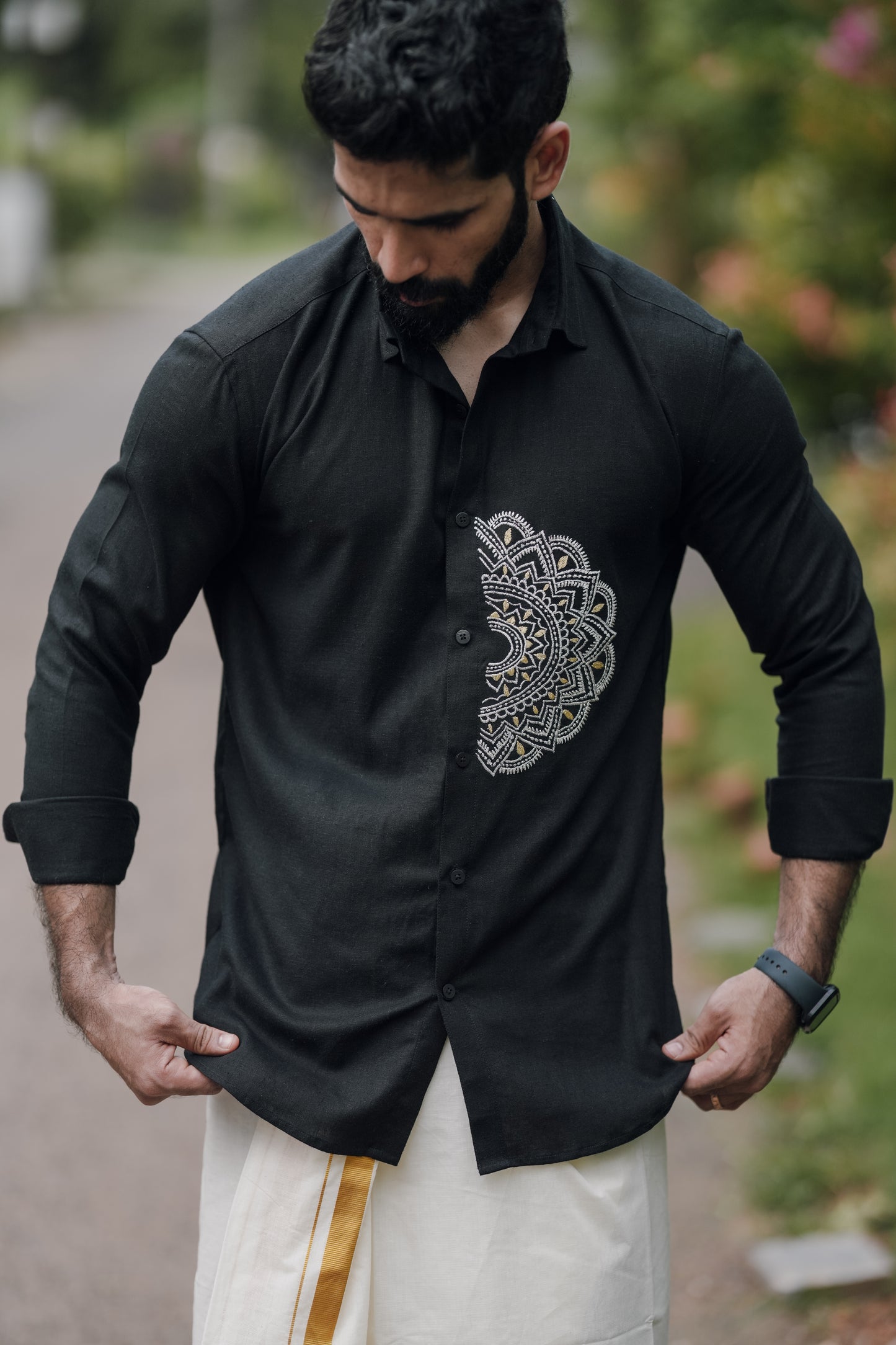 Kerala Traditional Pookalam Embroidery Double Black Shirt