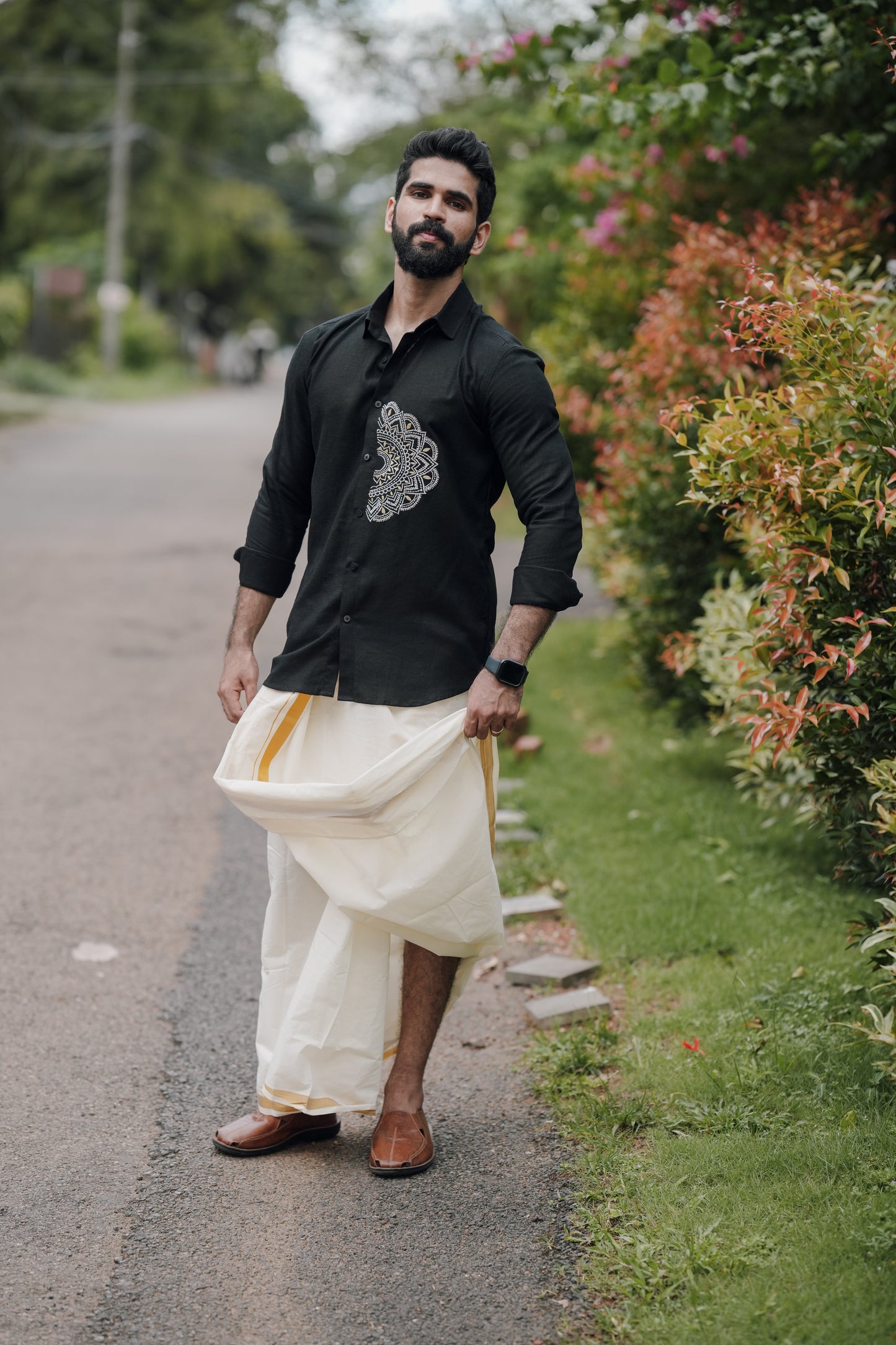 Kerala Traditional Pookalam Embroidery Double Black Shirt