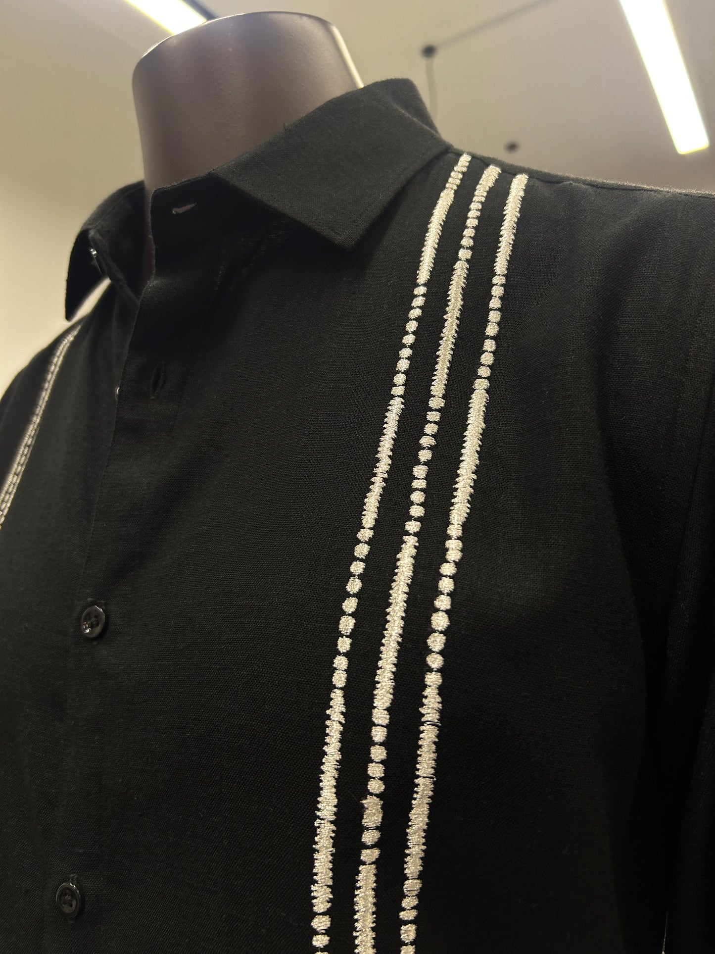 Parallel Embroidery Double Layer Black Shirt