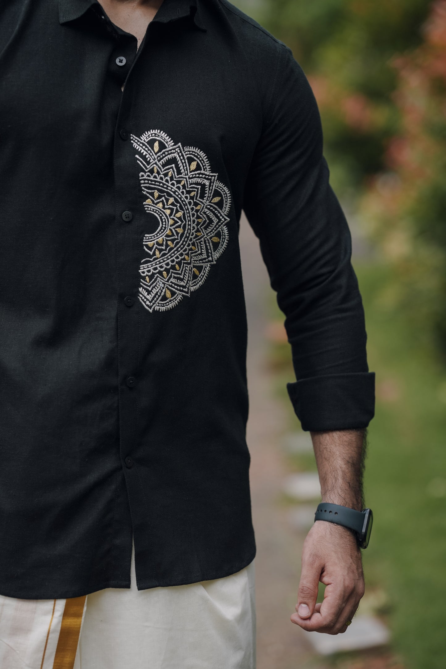 Kerala Traditional Pookalam Embroidery Double Black Shirt