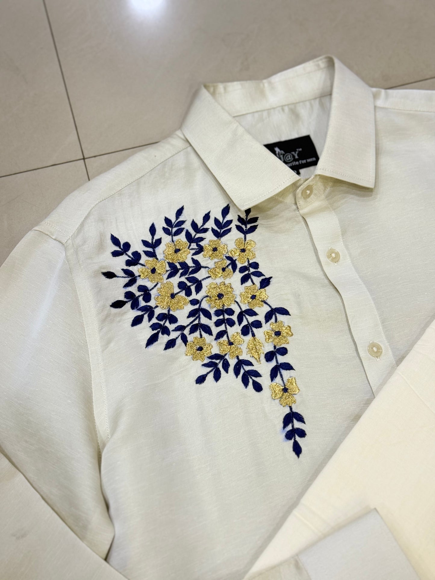 Satin Linen Blue Flower Embroidery