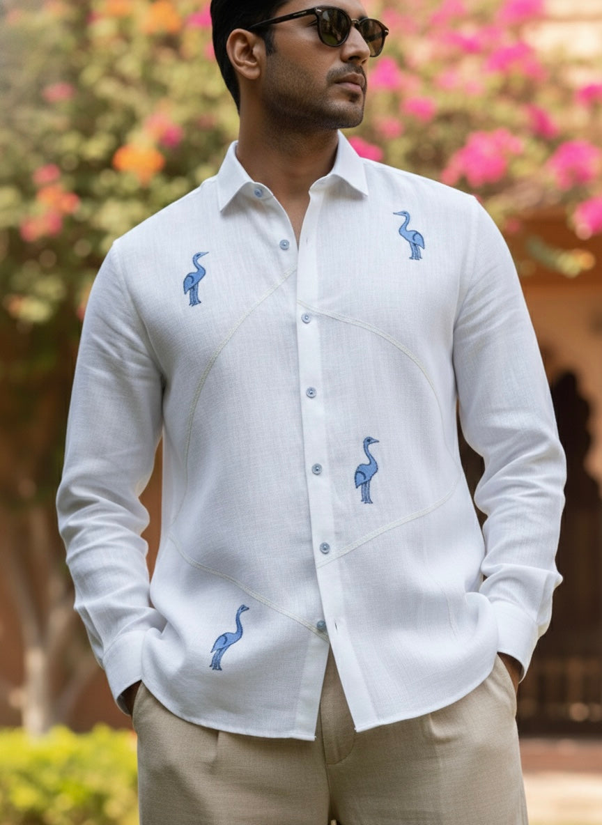 White Flamingos Embroidery Shirt