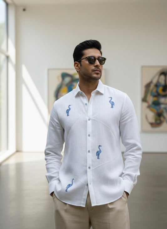 White Flamingos Embroidery Shirt