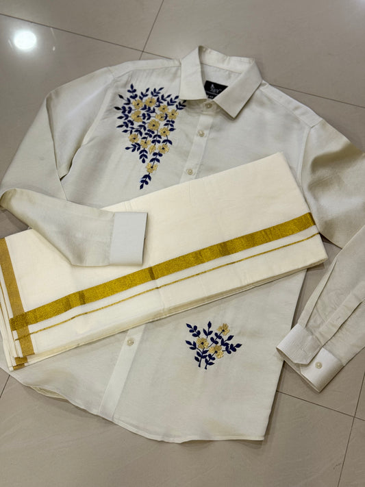 Satin Linen Blue Flower Embroidery
