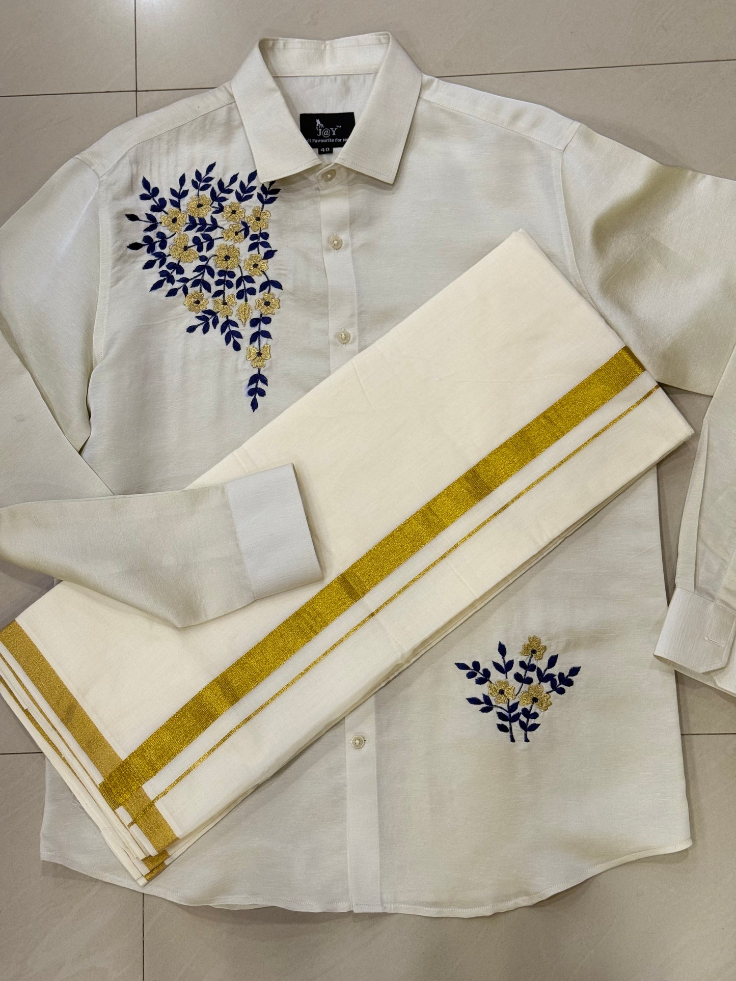 Satin Linen Blue Flower Embroidery