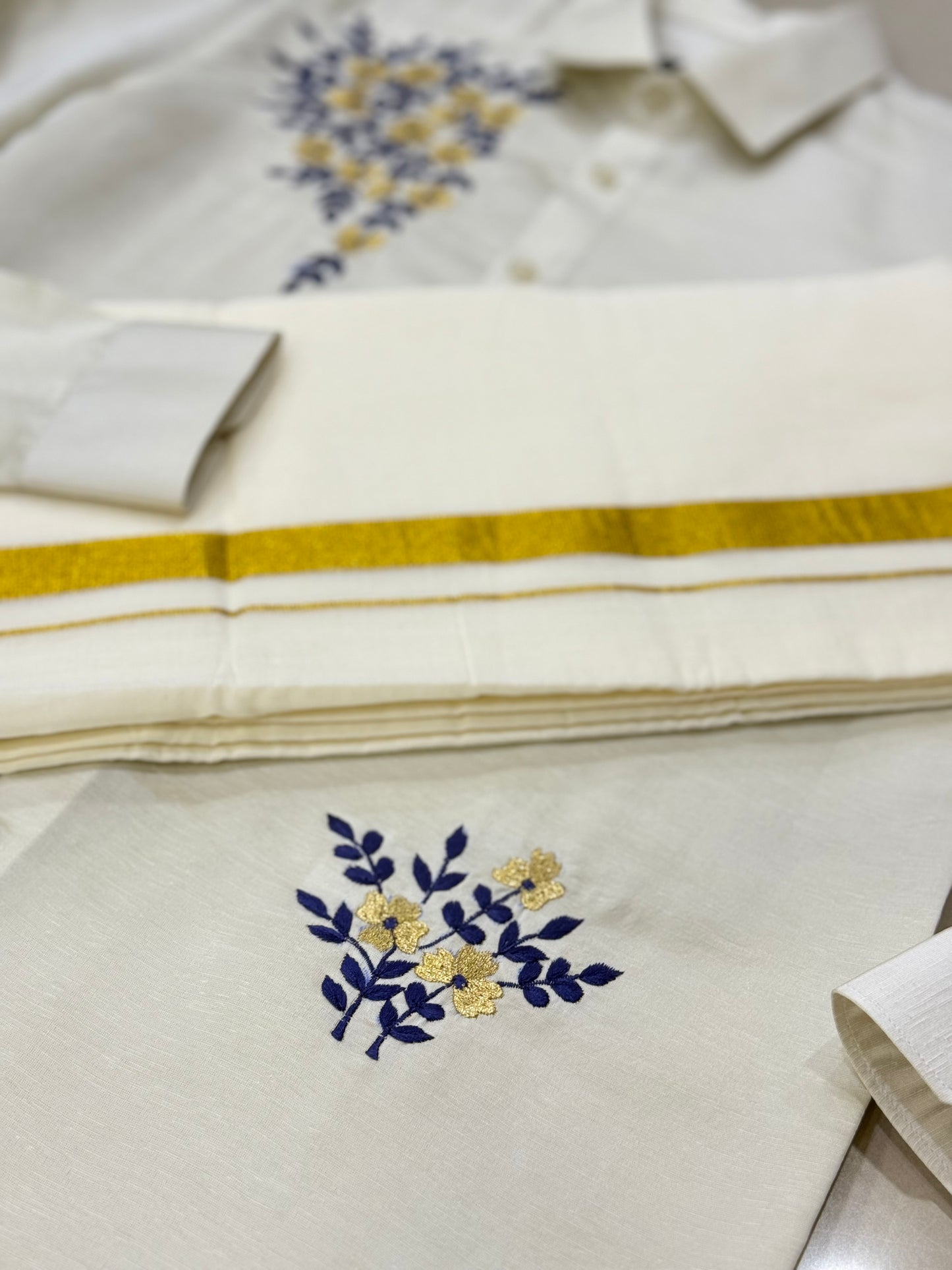 Satin Linen Blue Flower Embroidery