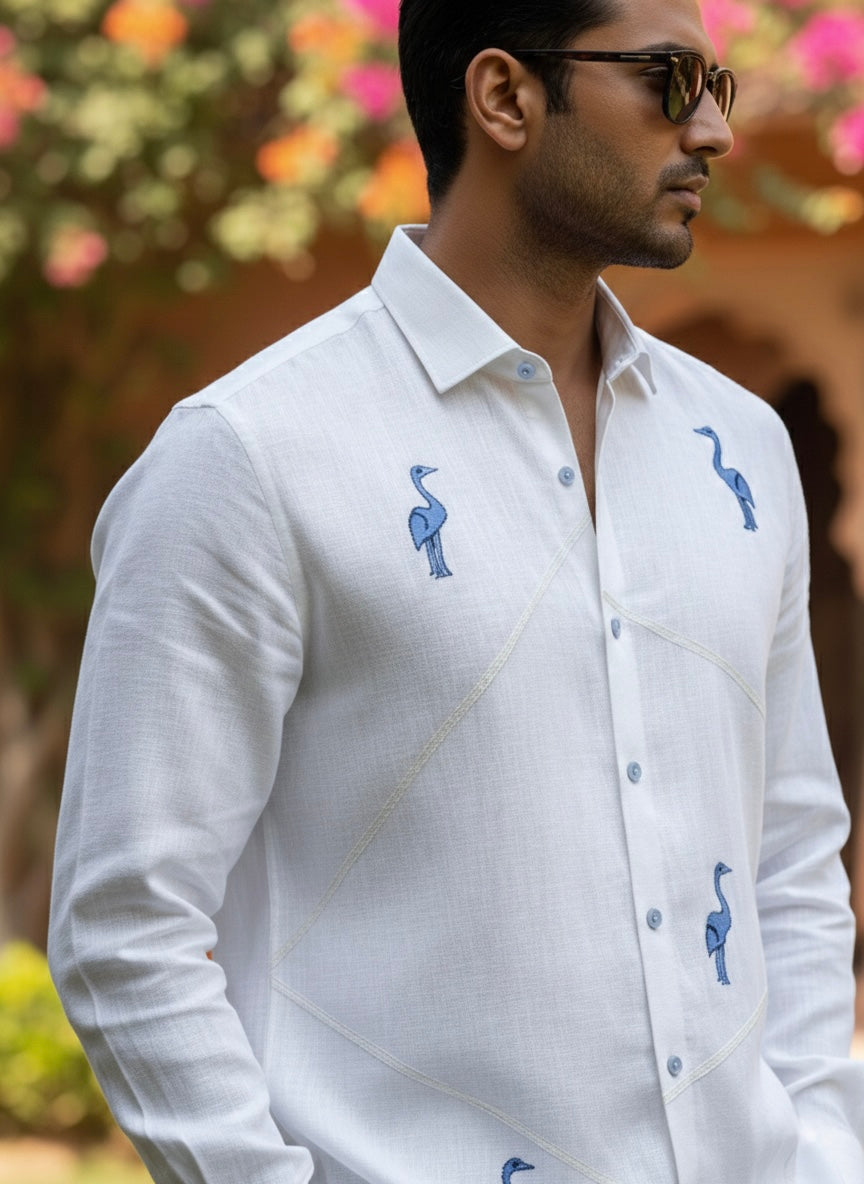 White Flamingos Embroidery Shirt