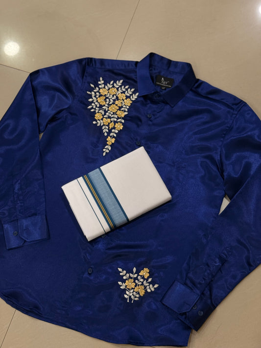 Satin Blue Gold Embroidery