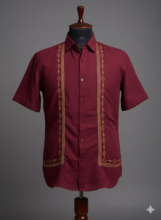 Maroon Shirt with Gold Embroidery
