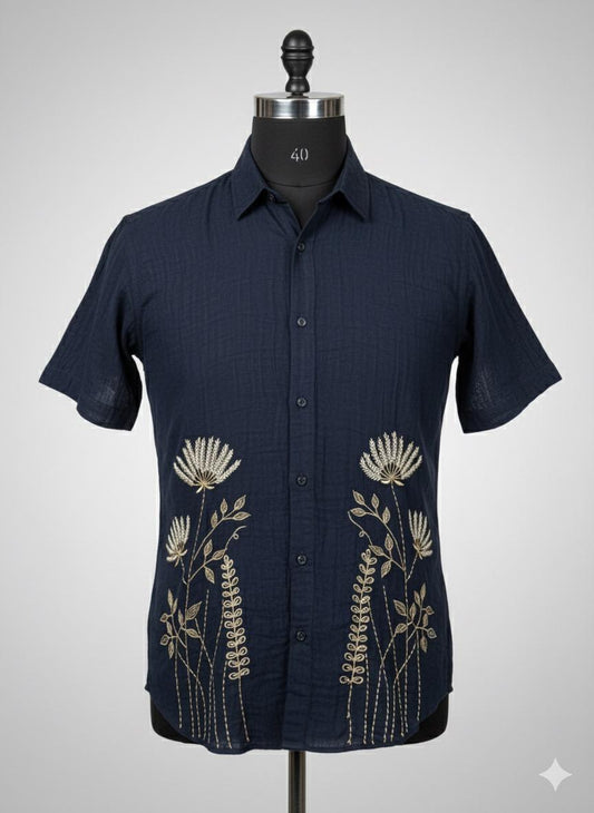 Navy Blue Shirt with Flower Embroidery