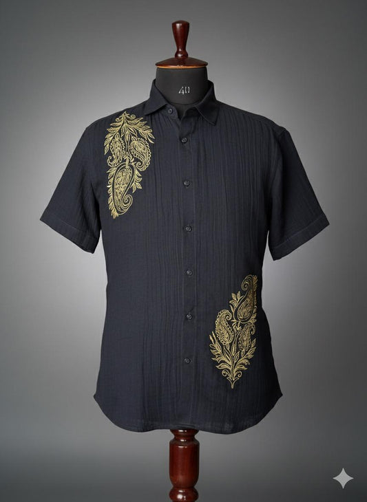 Navy Blue  Shirt with Feather Flower