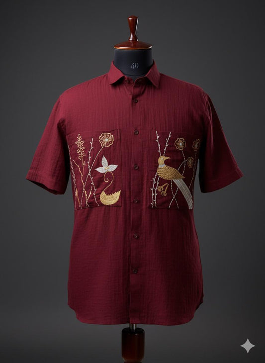 Maroon Shirt with Gold and Silver Embroidery