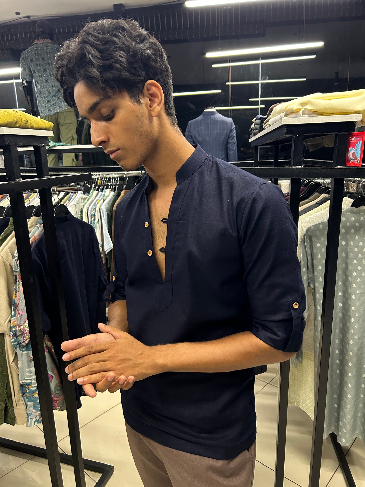 Navy blue blended linen shirt kurta