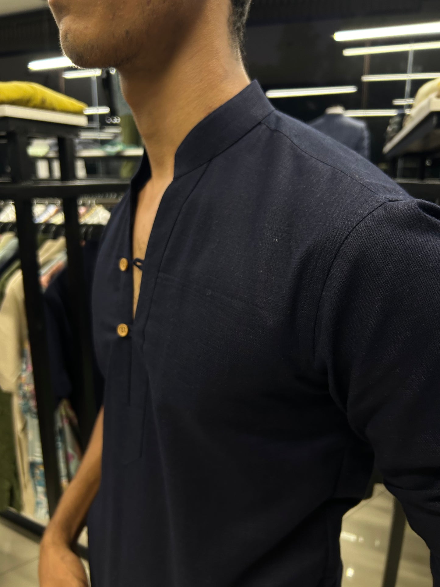 Navy blue blended linen shirt kurta