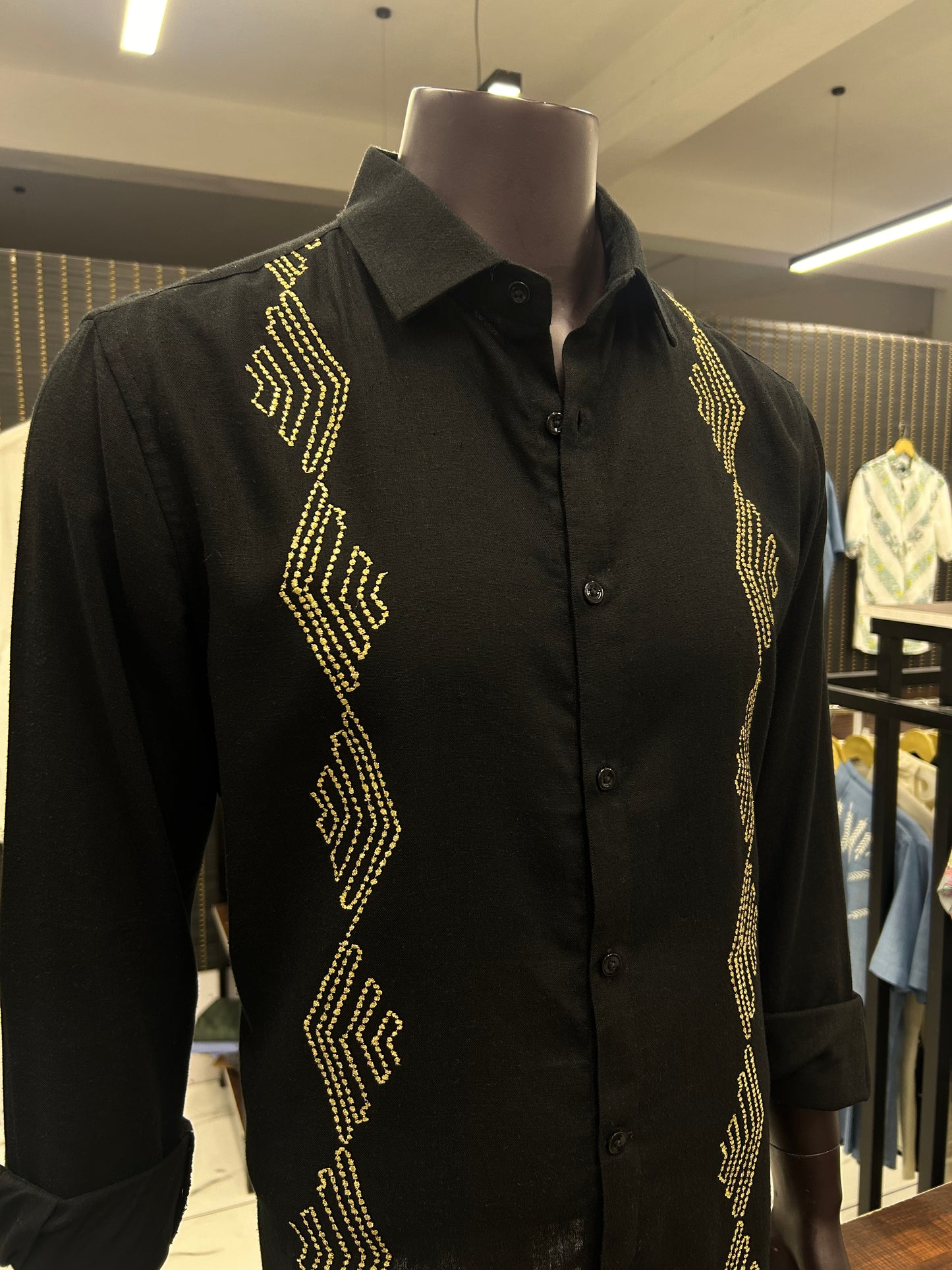 ZIG ZAG Gold Embroidery on Black Shirt