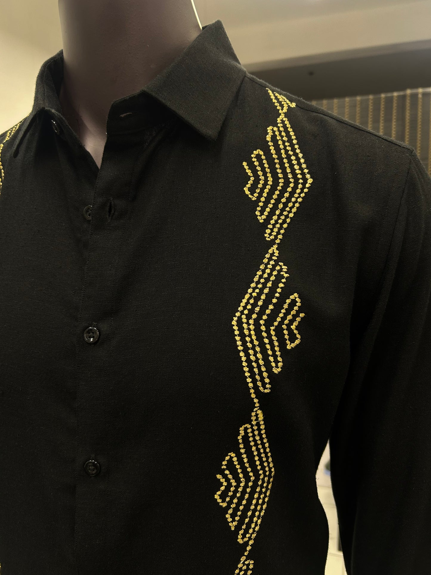 ZIG ZAG Gold Embroidery on Black Shirt